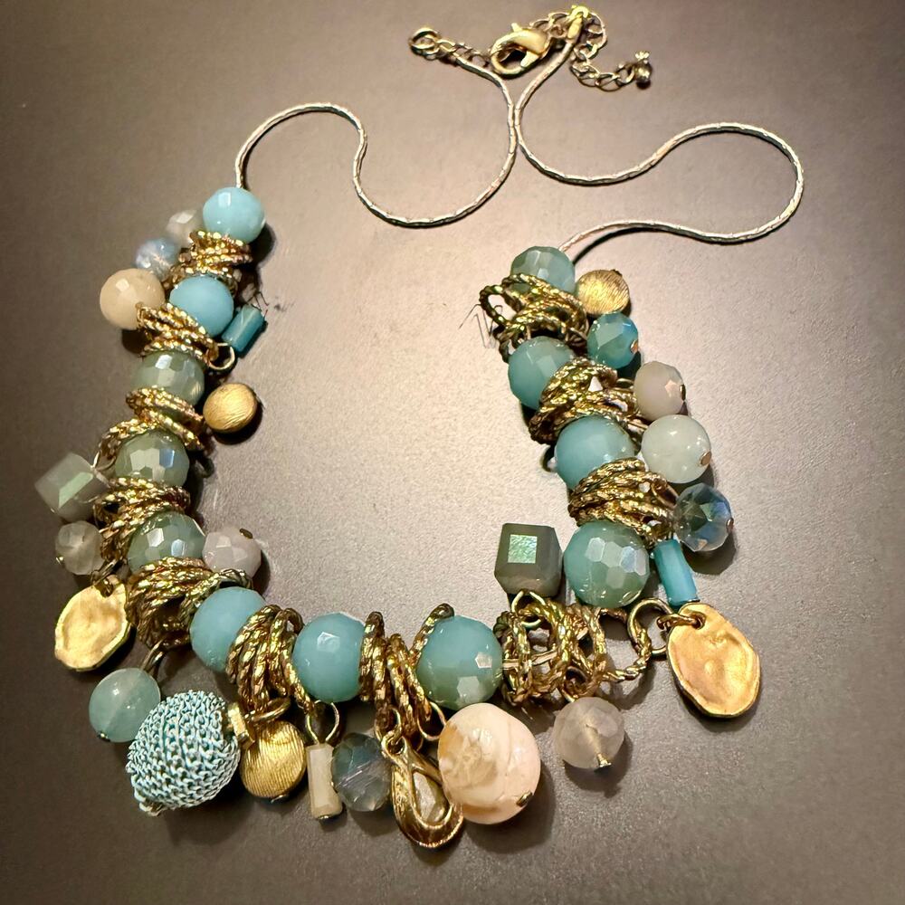 Coastal Inspired Aqua Blue Gold & White Beaded Necklace - Picture 6 of 10